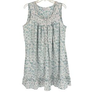 Eileen West Floral Cotton Nightgown Womens Large Blue White Lace Trim Cottage